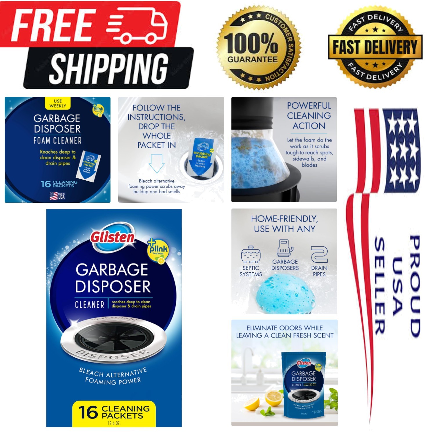 Lemon-Scented Garbage Disposer Cleaner – Foaming Action, 16 Non-Toxic Packets