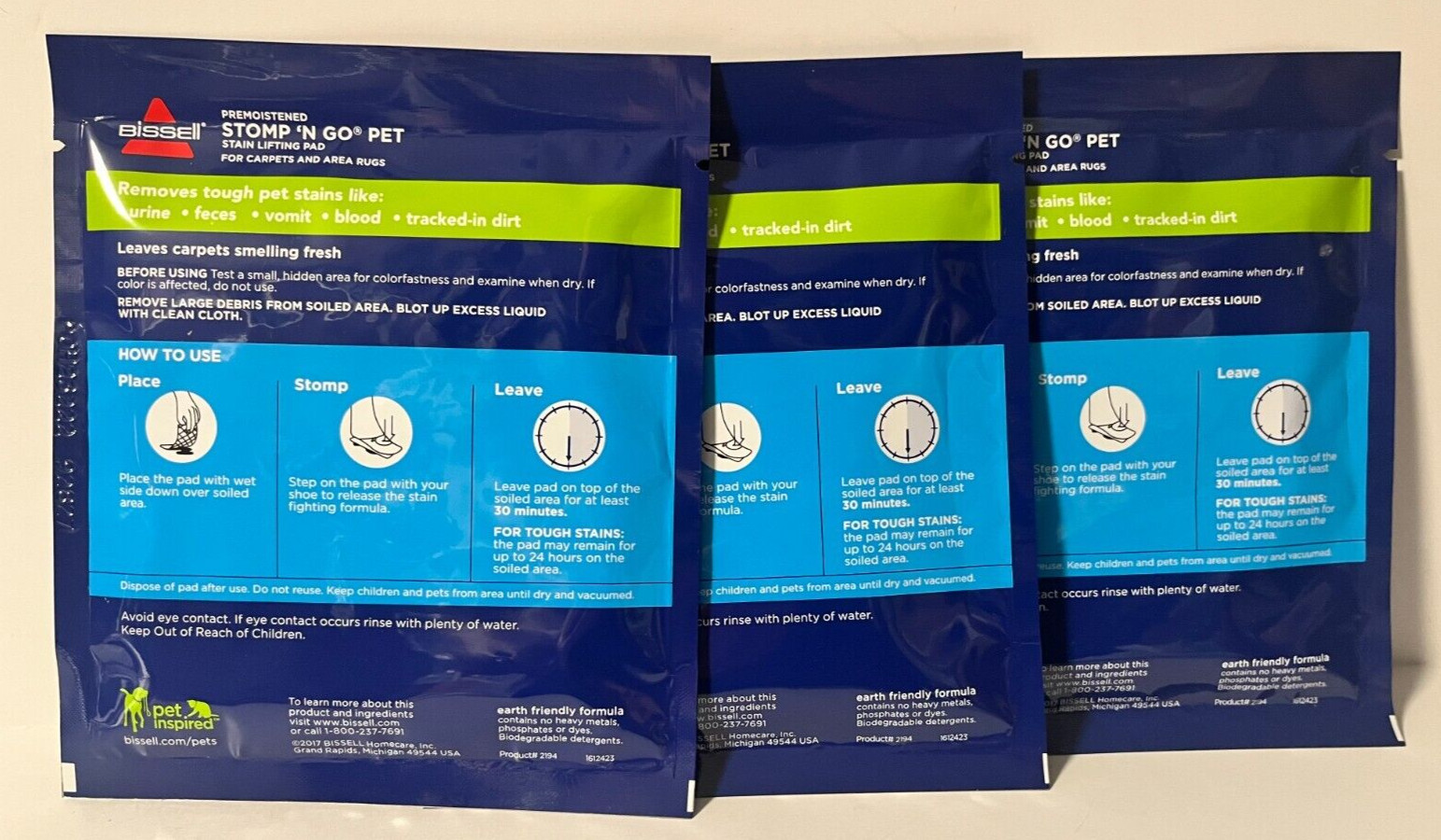 Lot of 3 New Bissell Stomp N Go Pet Stain Lifting Pads + Oxy For Dog or Animal