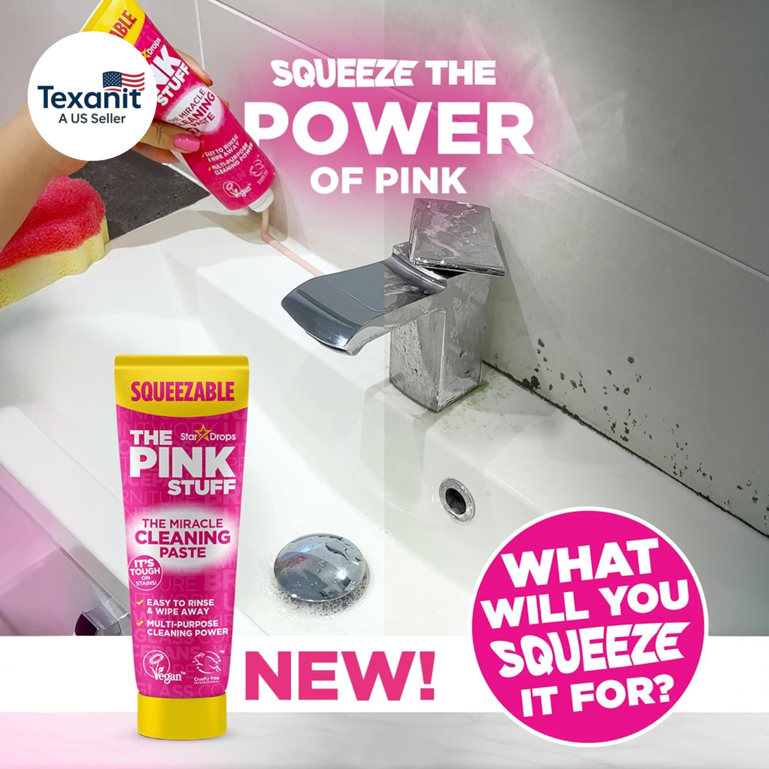 The Pink Stuff Squeezable Cleaning Paste 300G with Sqeezy Scrubber Sponge | Powe