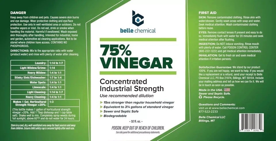 75% Pure Vinegar – Concentrated Industrial Grade 32Oz
