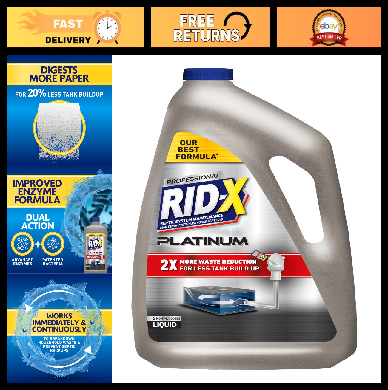 Septic Tank Treatment Liquid – 6 Month Supply, Platinum Formula, 2x Waste Reduct