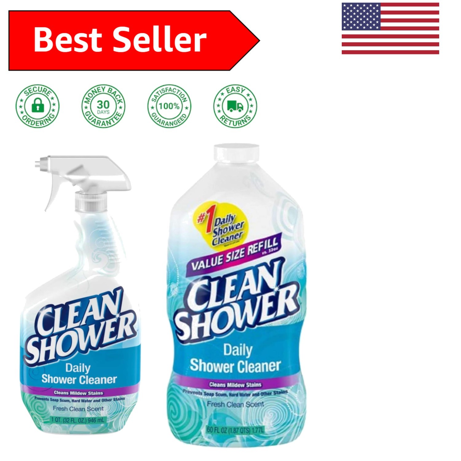 No Scrub Daily Shower Cleaner Bundle: 32oz Spray & 60oz Refill for Easy Cleaning