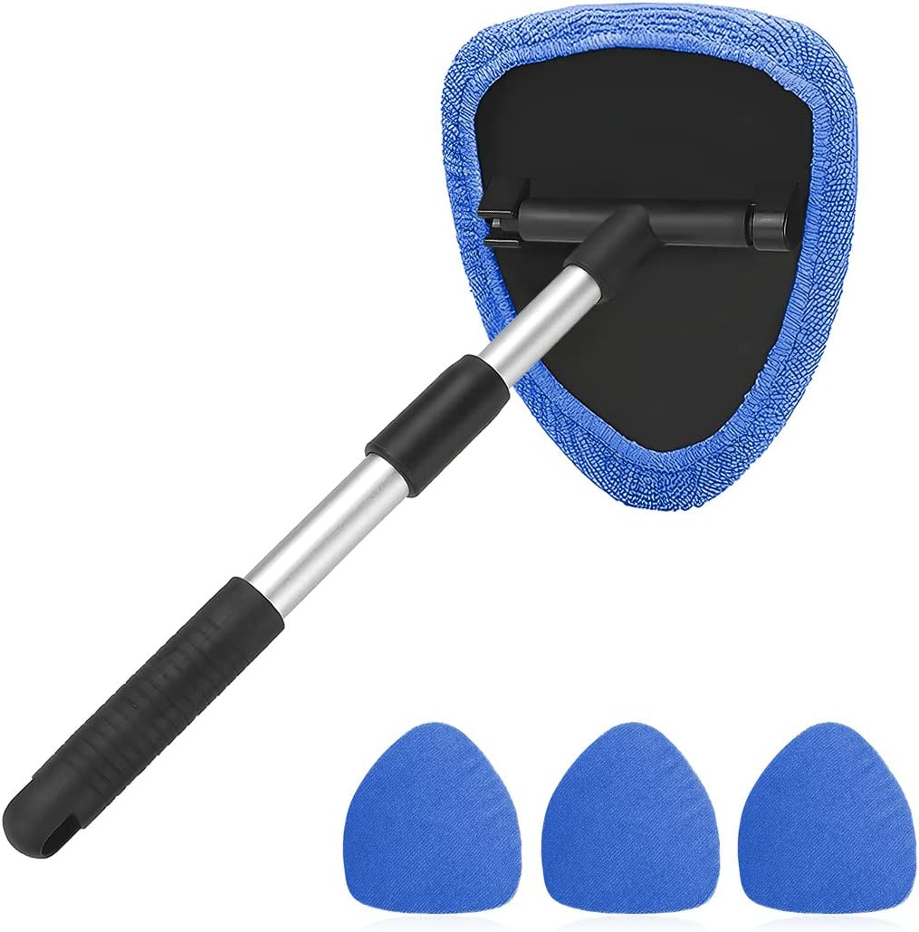 Car Windshield Cleaning Tool with Extendable Handle & 4 Reusable Microfiber Pads