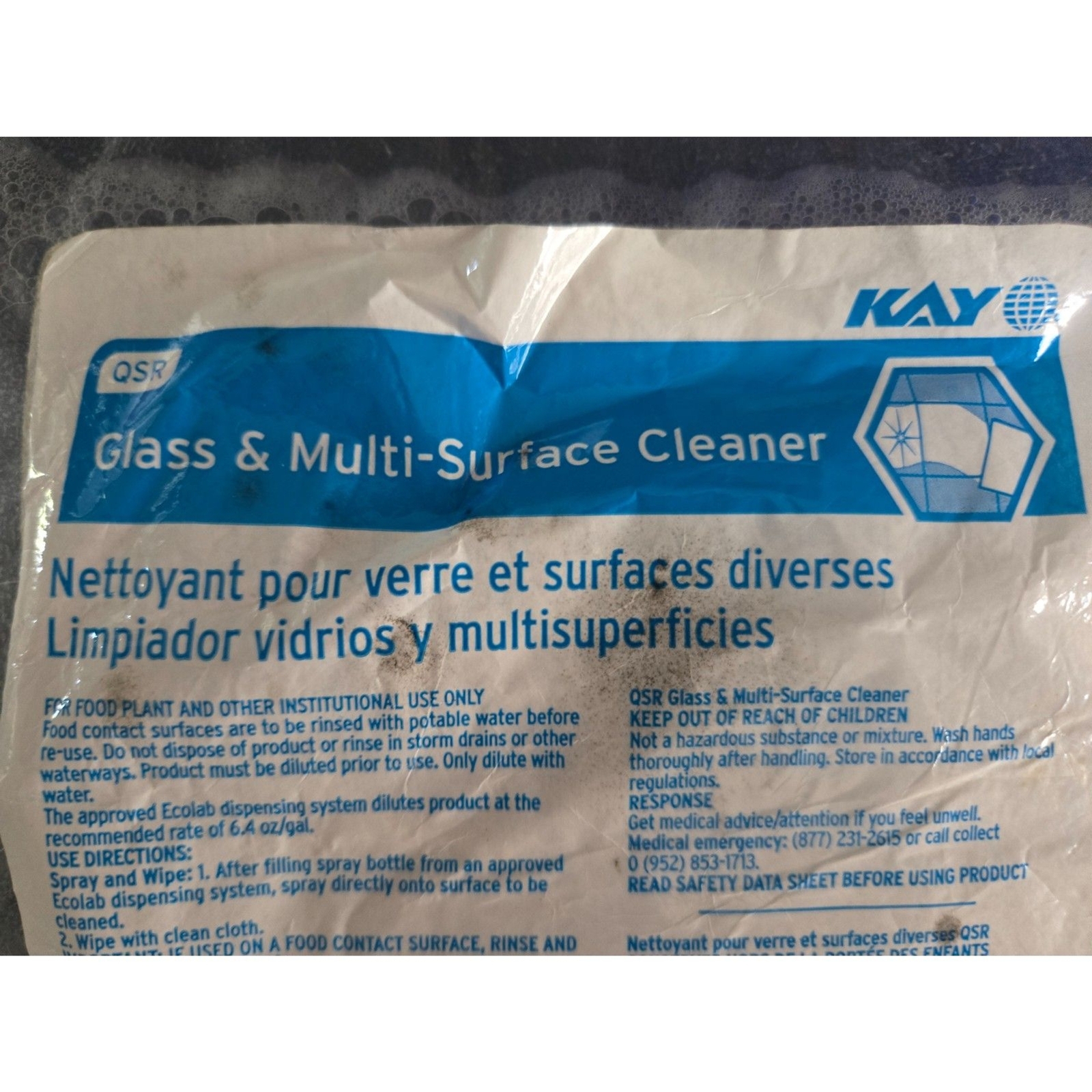 ECOLAB Kay QSR Glass & Multi-Surface Cleaner Refill Bag 2 Gallons-Unused