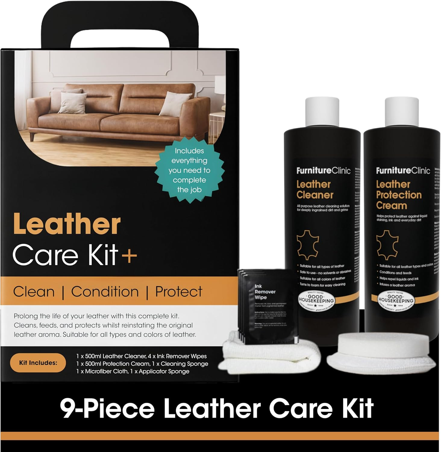 Large Leather Care Kit | Leather Cleaner + Conditioning Protection Cream for Fur