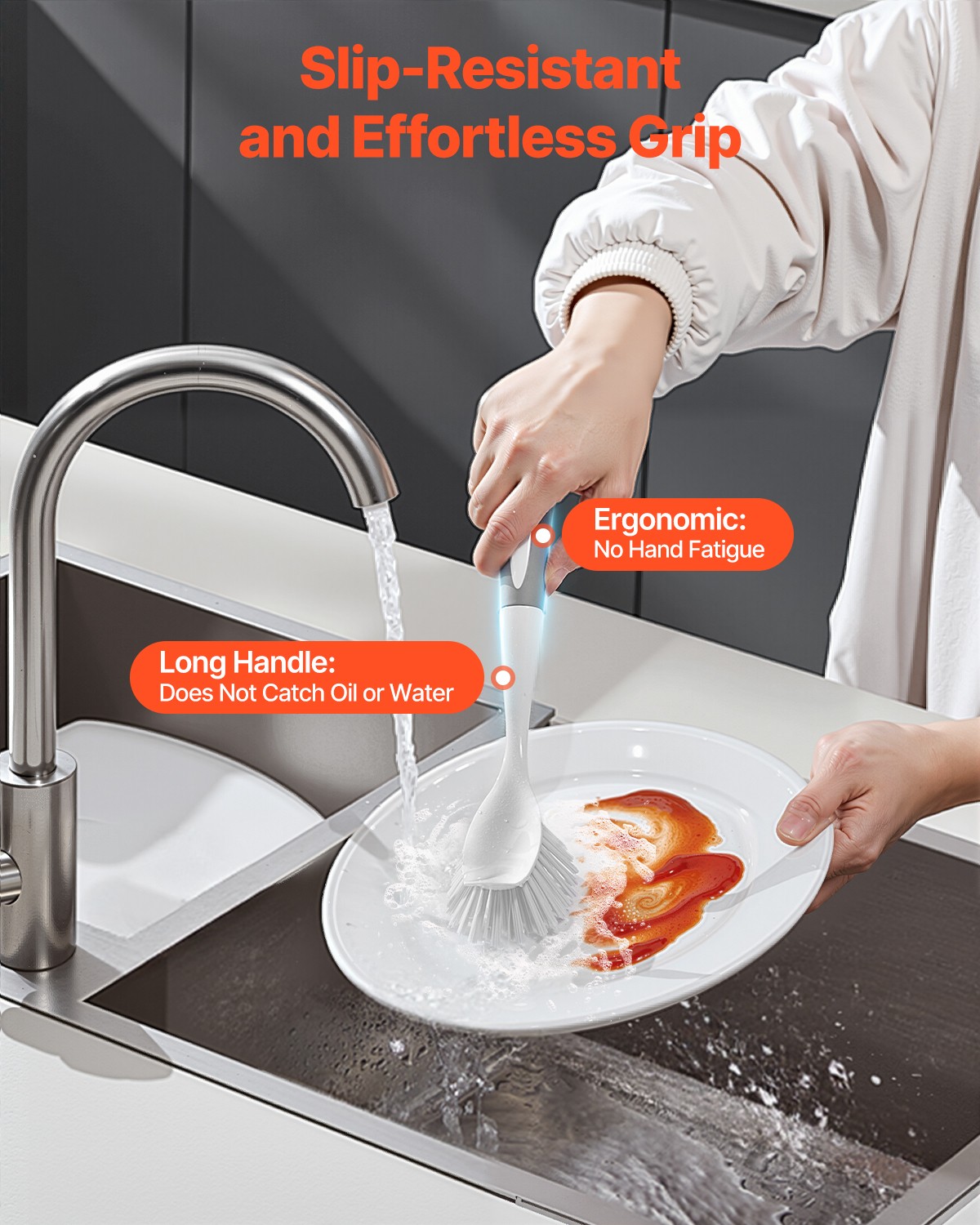 VEVOR Dish Brush 4 Pack Kitchen Scrub Brushes with PP Handle 2 Gray + 2 Orange