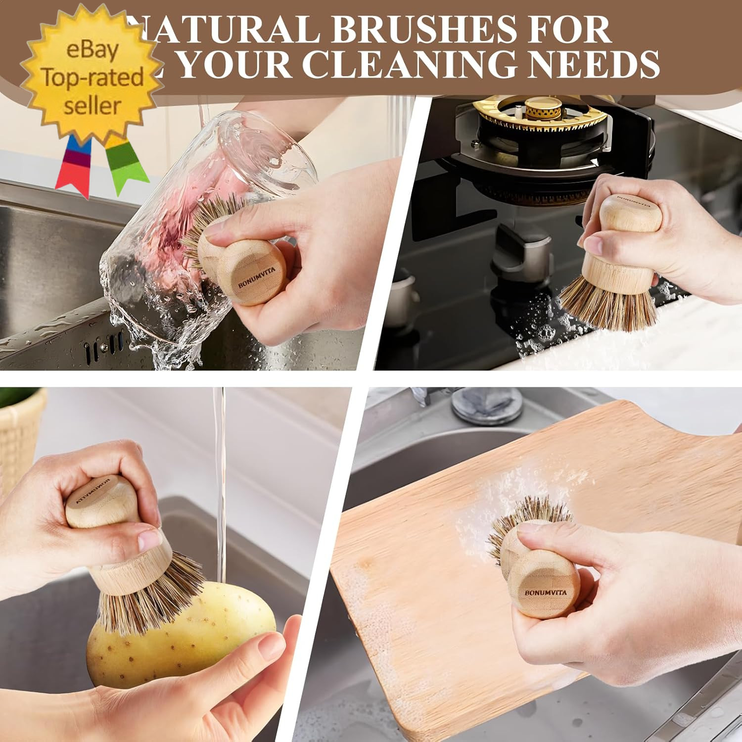 Bamboo Dish Brush Set,4 Pack Kitchen Palm Pot Brush with Union Fiber, Natural