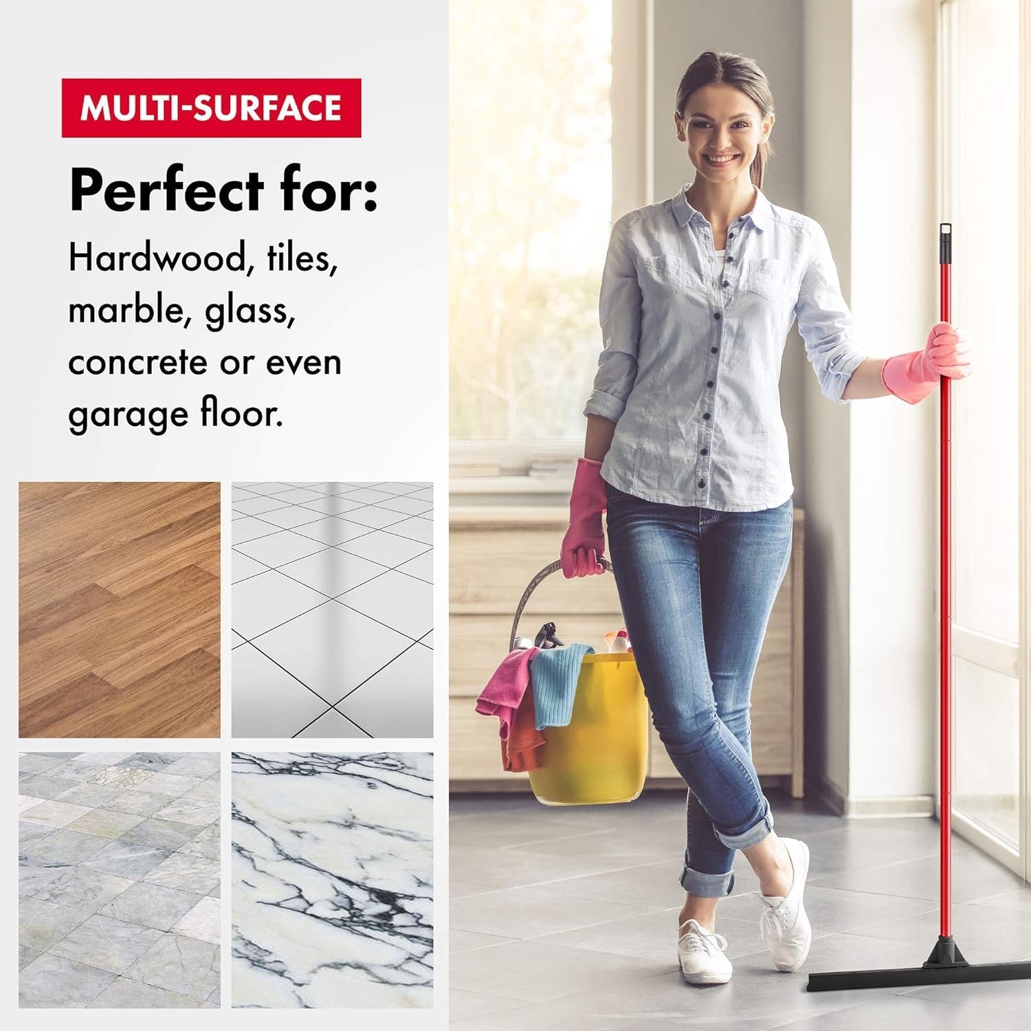 Heavy-Duty Floor Squeegee – Large 24″ Wide Blade & 55″ 1PC Long Handle Profes…