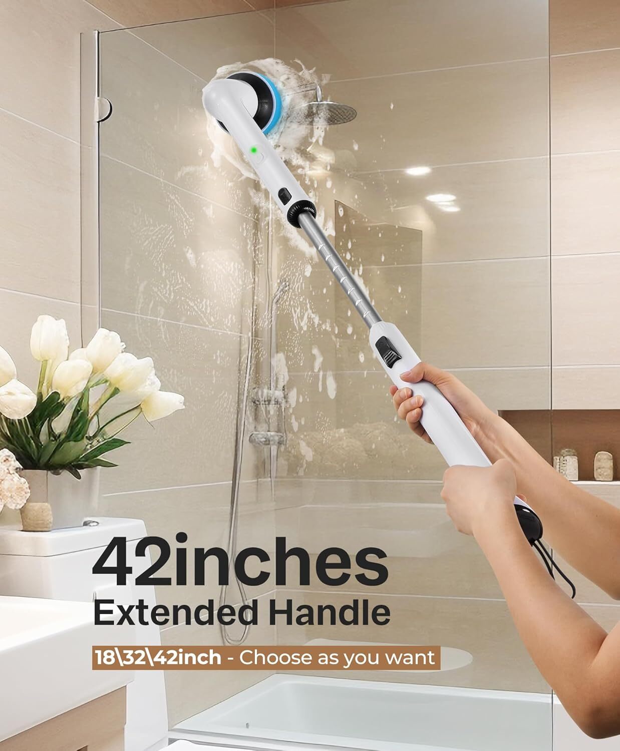 Electric rotary scrubber, bathroom brush, 2 speeds, interchangeable brush heads