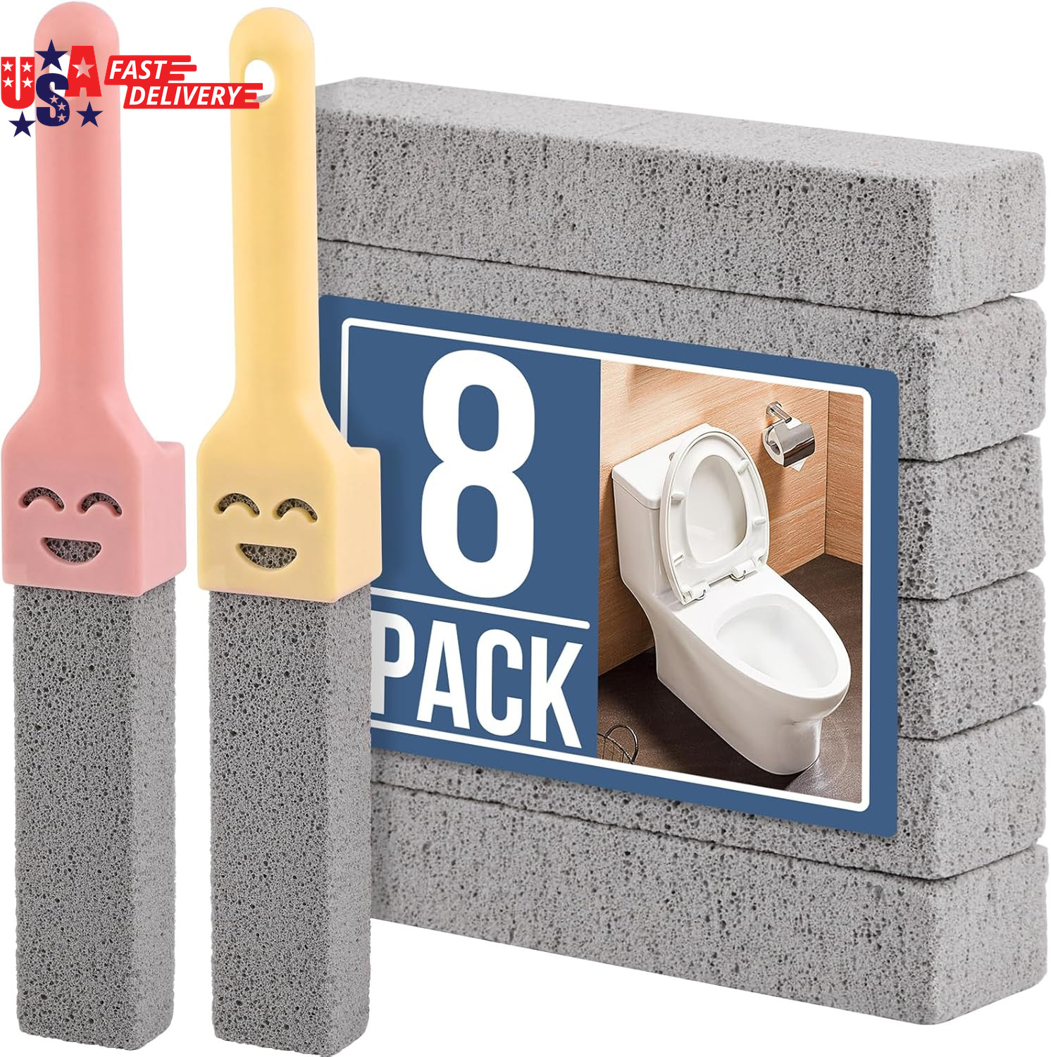 8 Pack Pumice Stone Scouring Sticks with 2 Universal Handles, Grey Pumice Stone