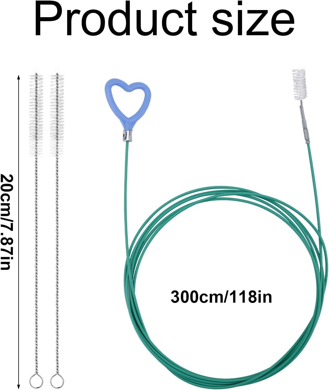 Drain Cleaning Tool, 118in Long Wire Pipe Cleaner with 2 Straight Flexible Clean