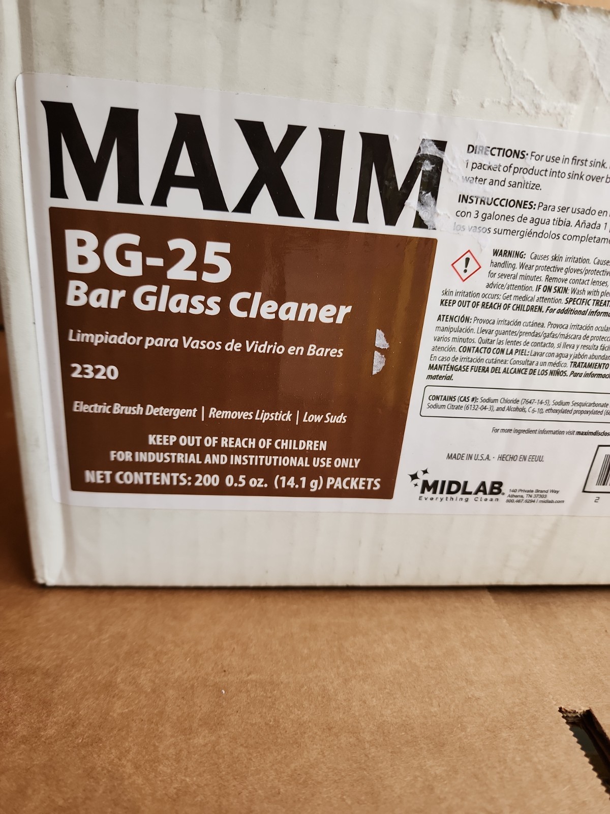 Maxim BG-25 Bar Glass Cleaner 200 Packets 0.5 oz Commercial Detergent