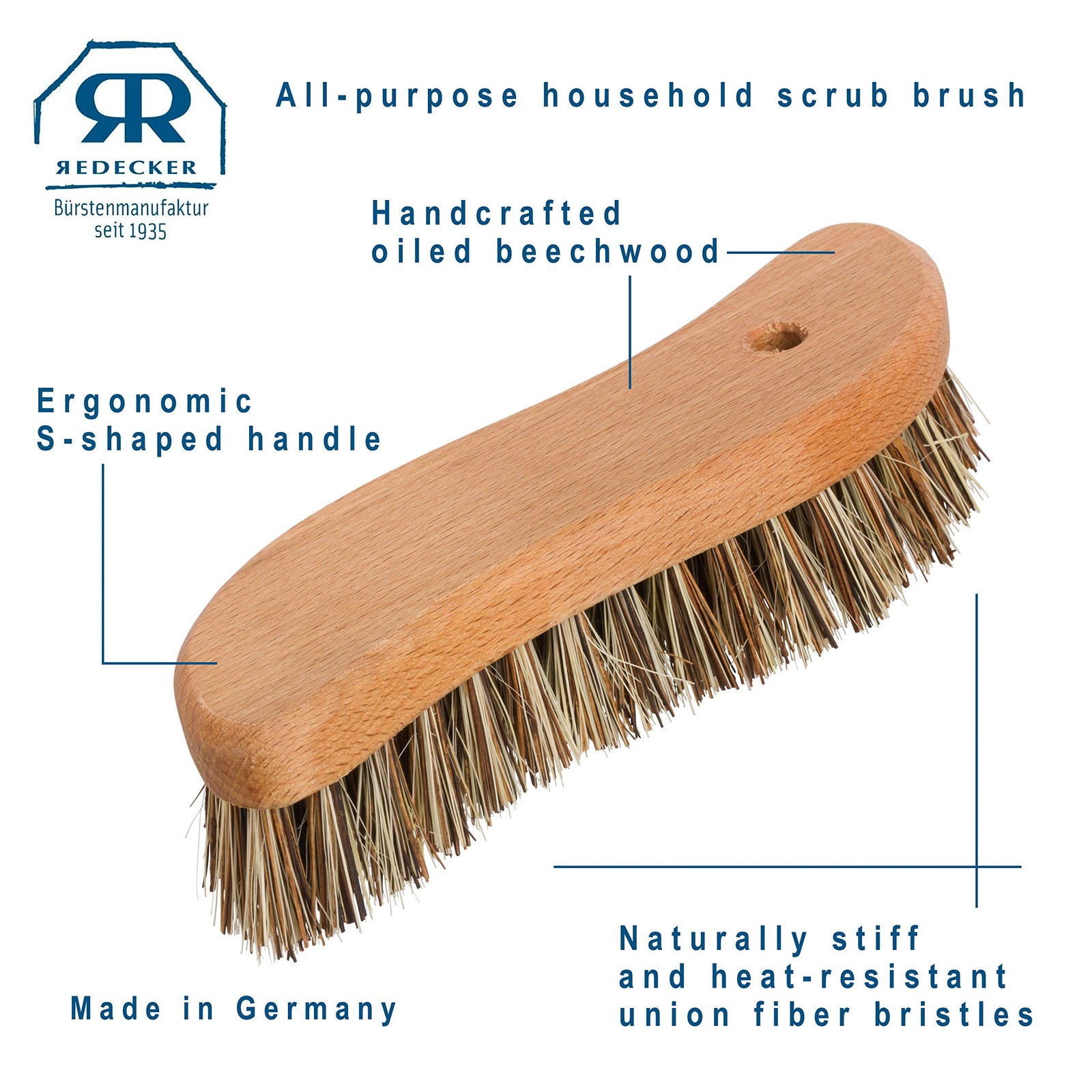 Sshaped Union Fiber Scrub Brush With Oiled Beechwood Handle 81/4 Inches Sshaped