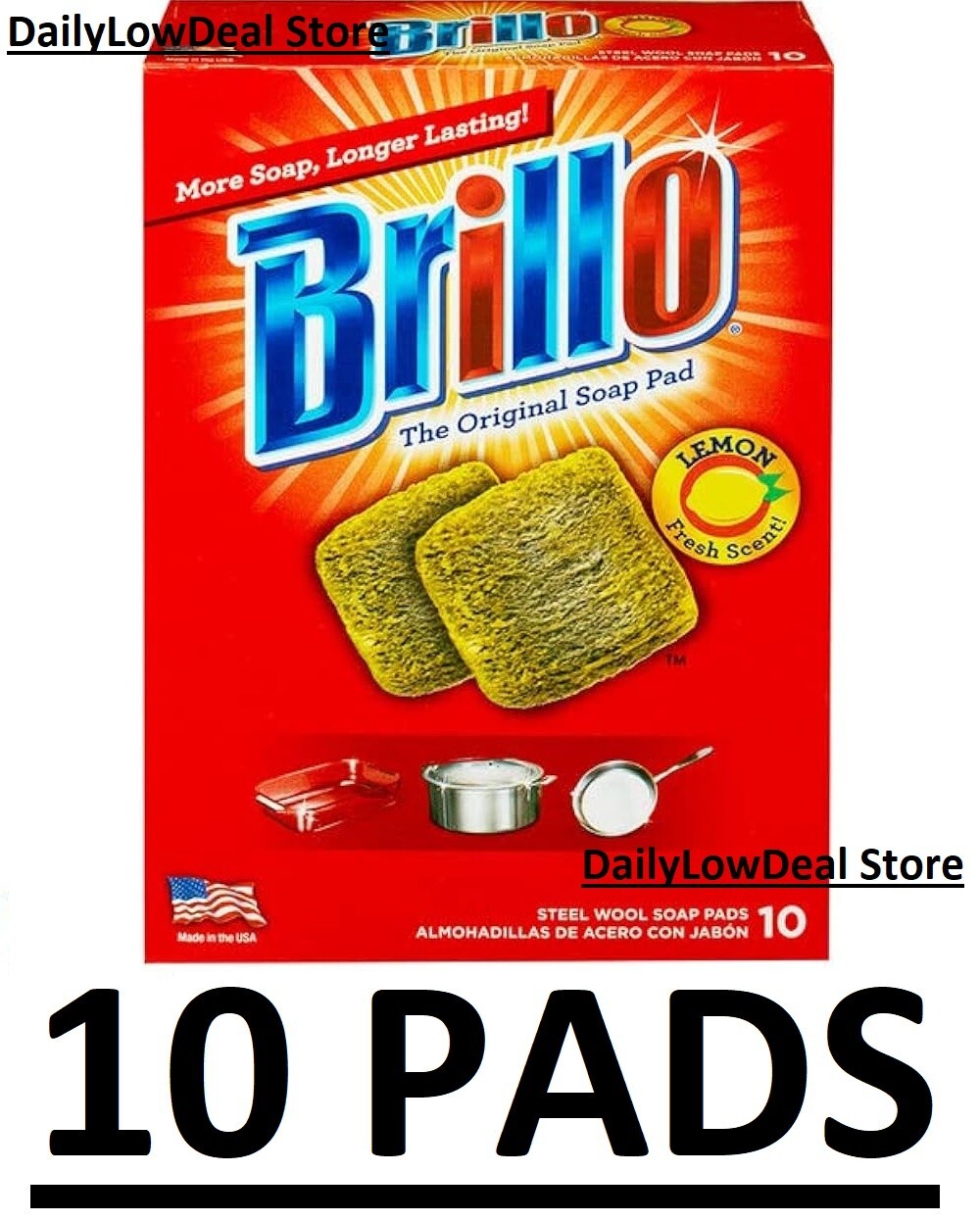 10 PADS -Brillo Steel Wool Scouring Soap Pad Lemon Scent Pots Pans Grills Dishes