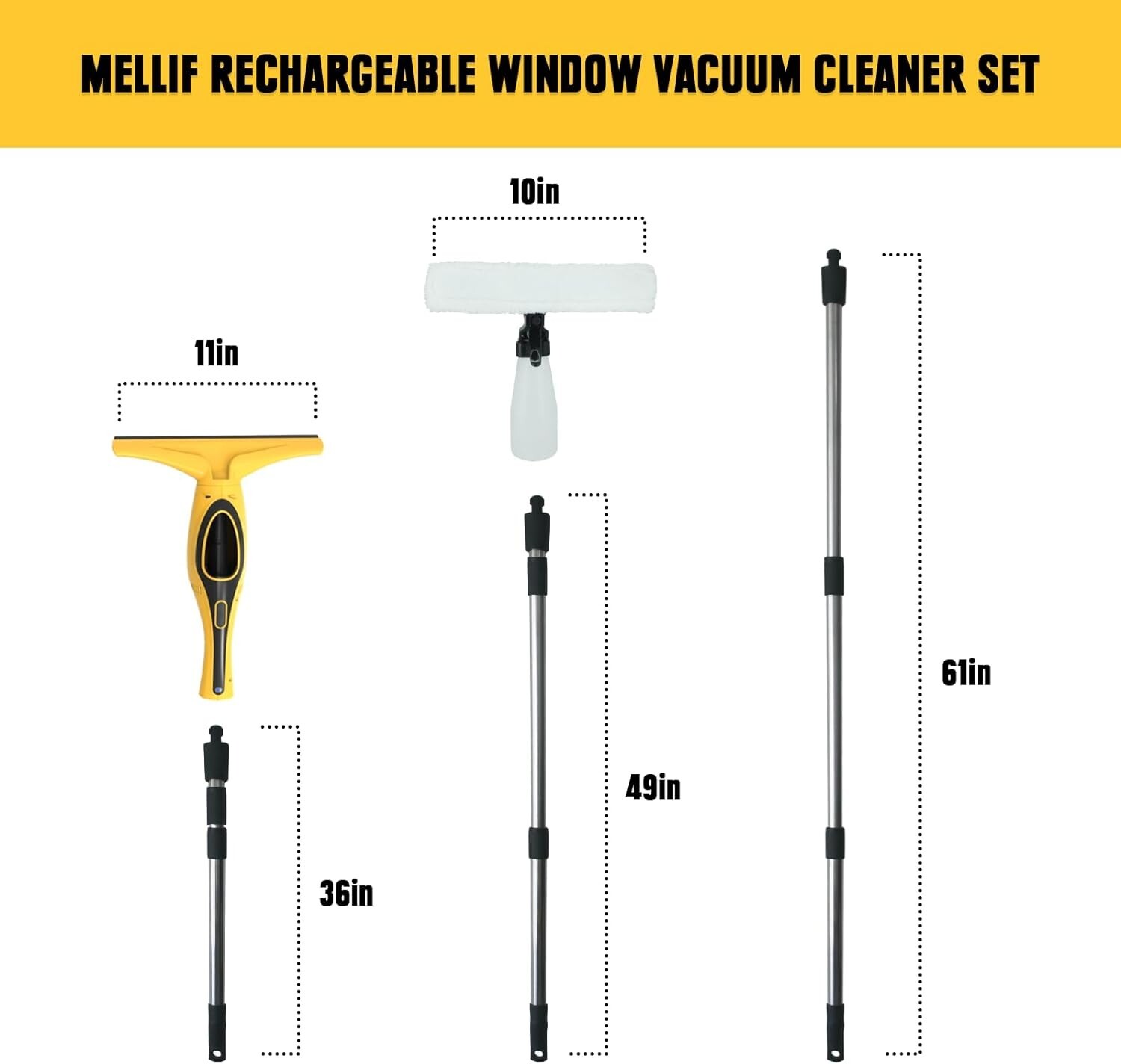 Mellif Window Vacuum Squeegee Cordless Rechargeable 36″-61″ Telescopic Pole
