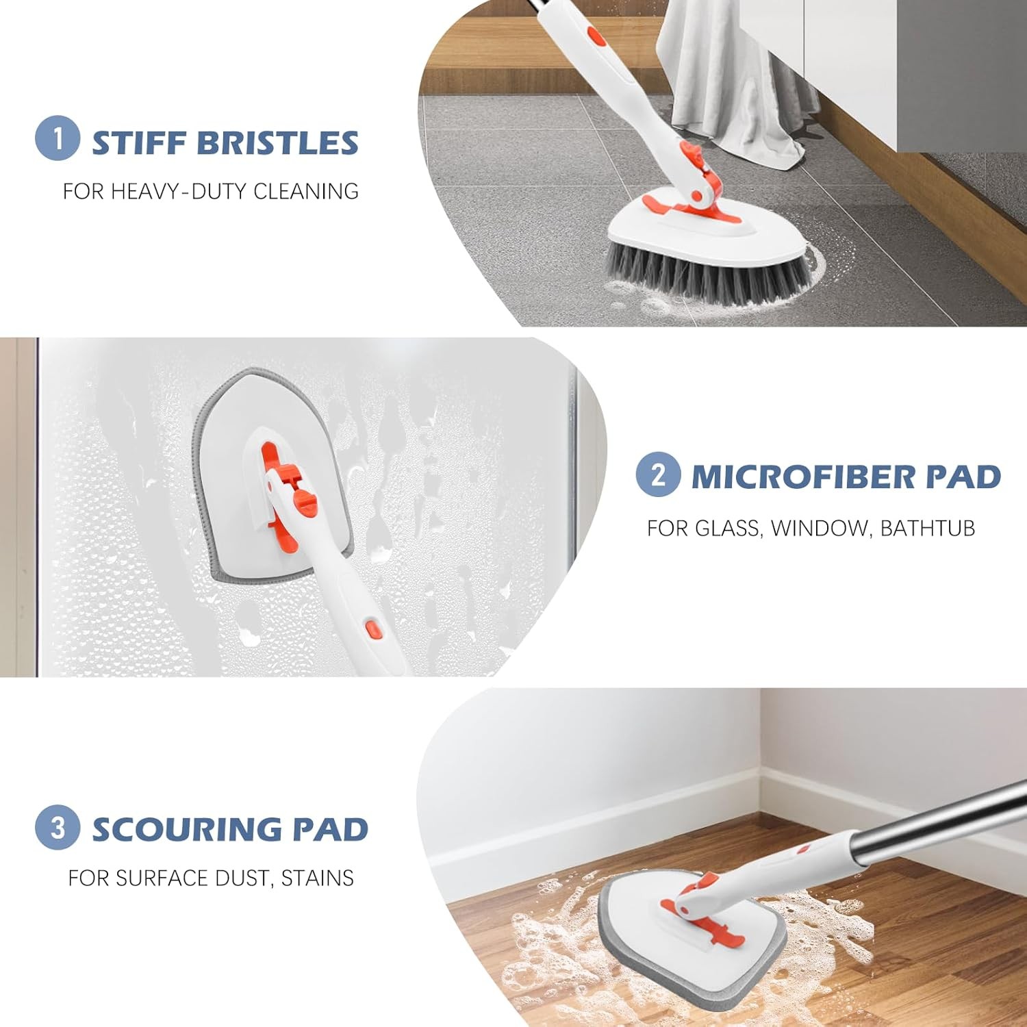 3 in 1 Floor Scrub Brush with Long Handle, Tile Tub Cleaner for Bathroom Walls