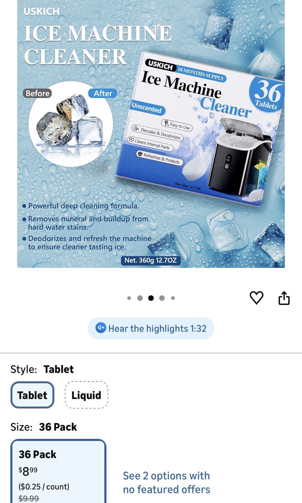USKICH Ice Machine Cleaner Tablets 36 Pack Unscented 360g Descaler Non Toxic