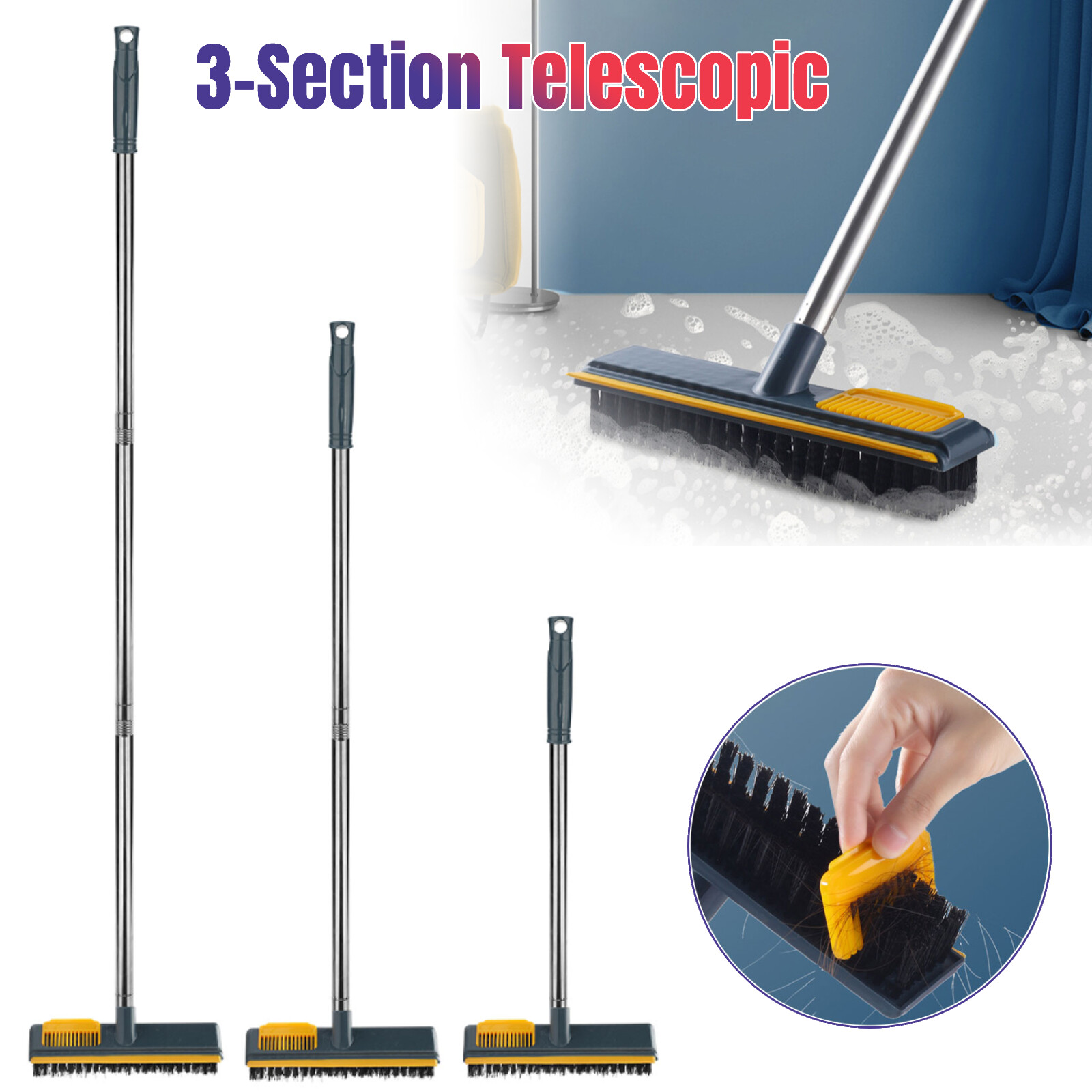 Long Telescopic Handle Floor Brush 3-Section Bathroom Kitchen Cleaning Scrubber