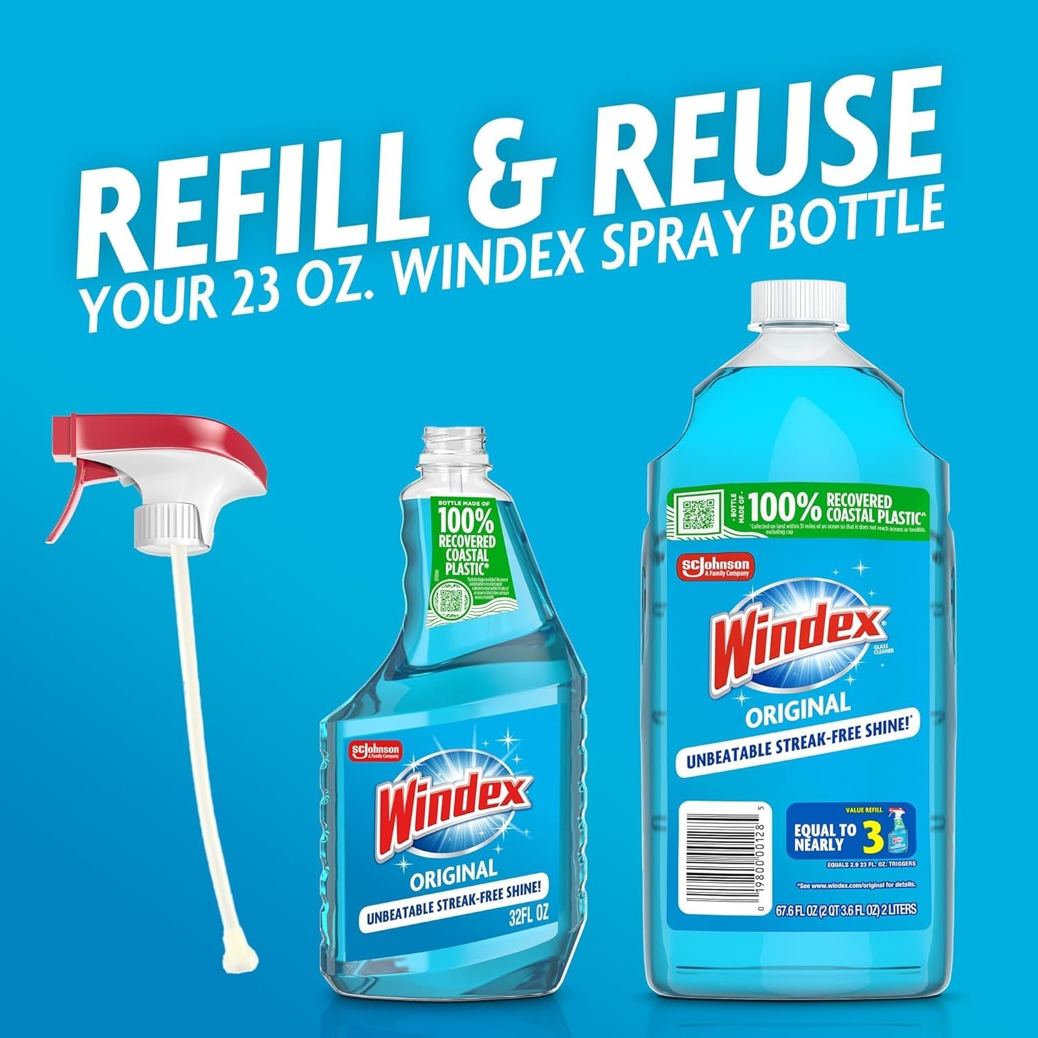 Windex Blue Glass Cleaner Refill – 100% Recycled, 67.6 Fl Oz (2 Pack)