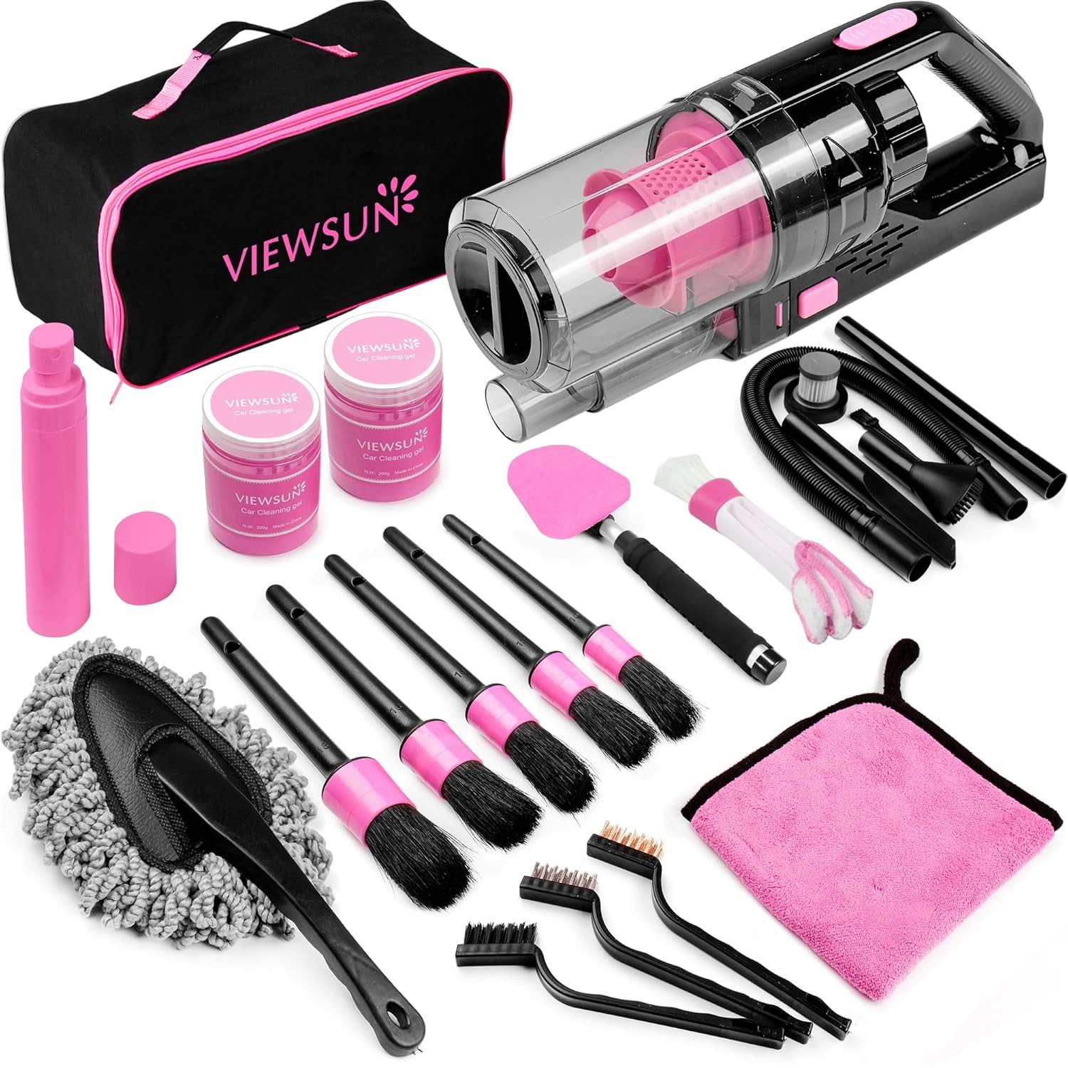 17pc Car Cleaning Kit with Handheld Vacuum and Interior Detailing Tools Pink