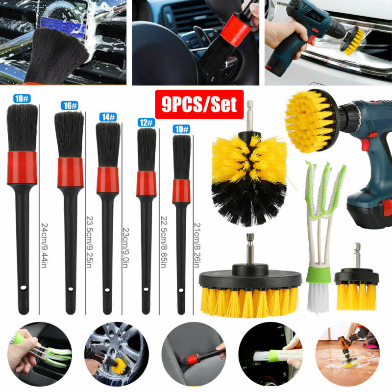 9PC Drill Brush Cleaner Attachment Set Power Scrubber Car Tile Good Wood Handle