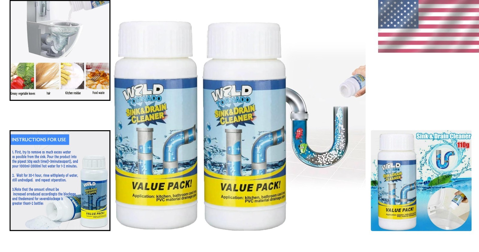Wild Tornado Powerful Sink & Drain Cleaner Powder – Quick Foaming Super Clean…