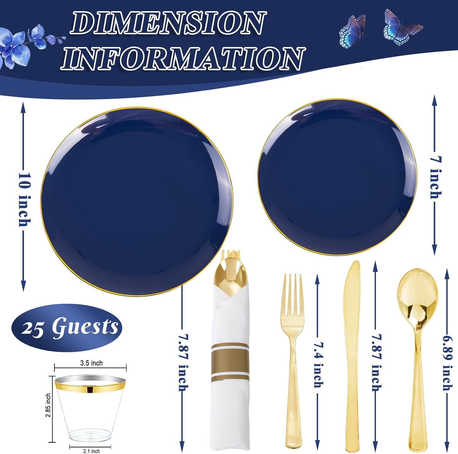 KIRE 175Pcs Blue Plastic Plates – Navy Blue Plates Disposable – 25 for Dinner