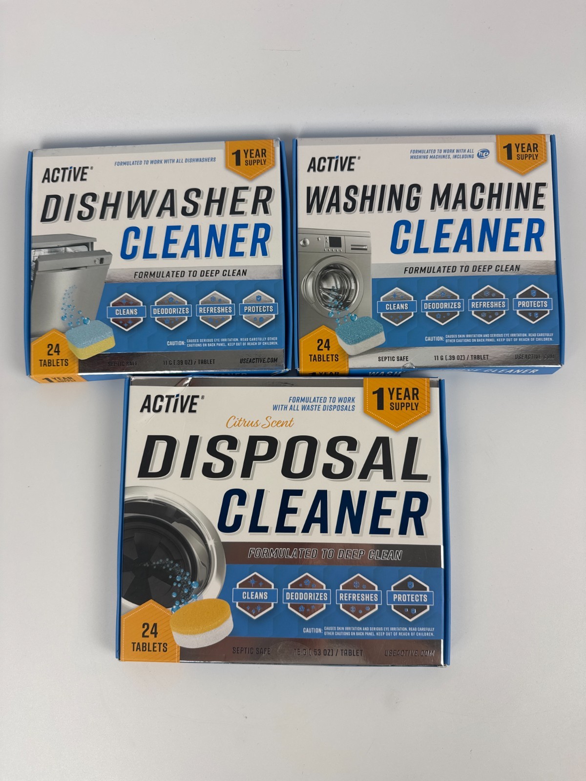 ACTIVE Appliance Cleaner Bundle Dishwasher Washer Disposal 24 Tablets Each New