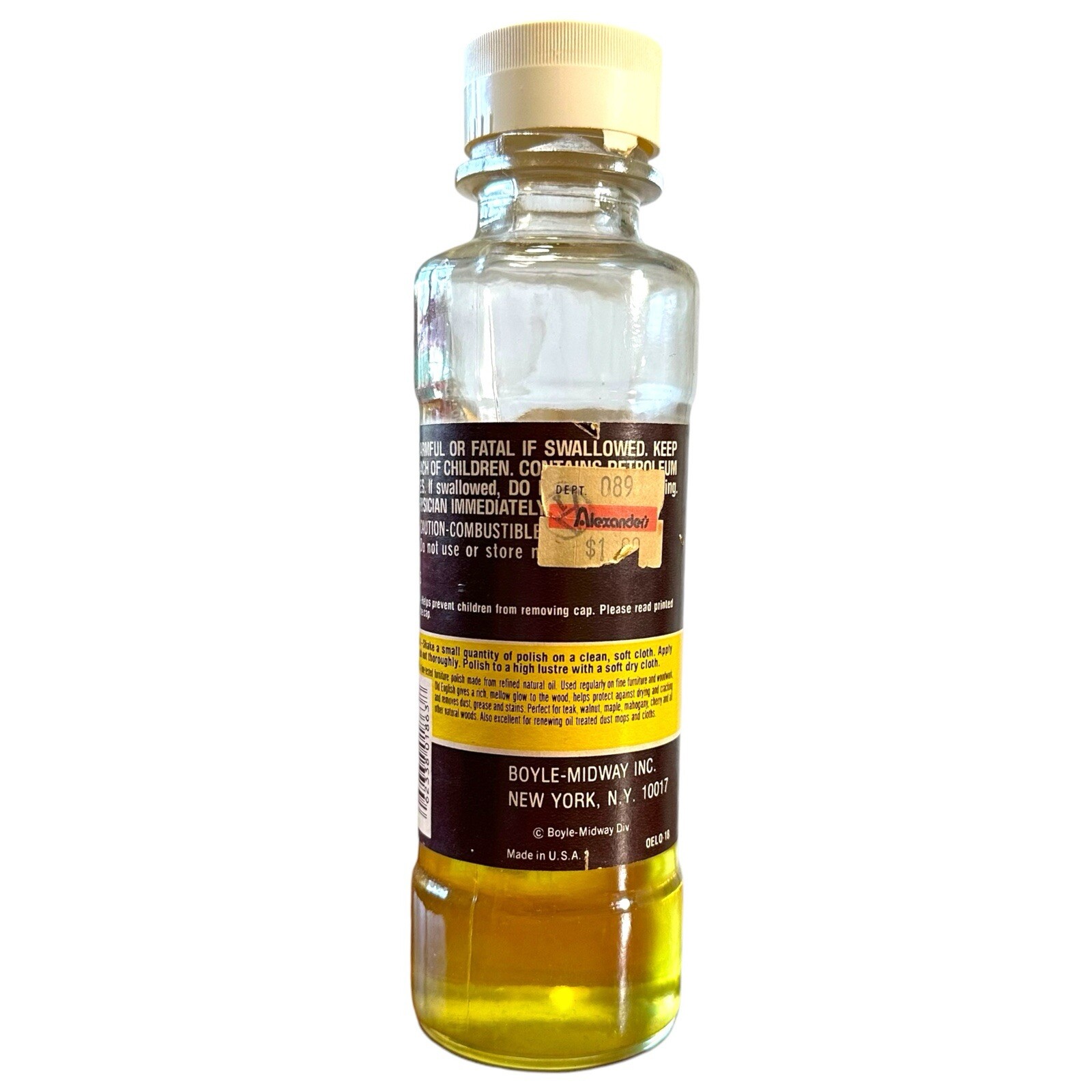 60s Old English Old Formula Lemon Oil Furniture Polish Glass Bottle Paper Label
