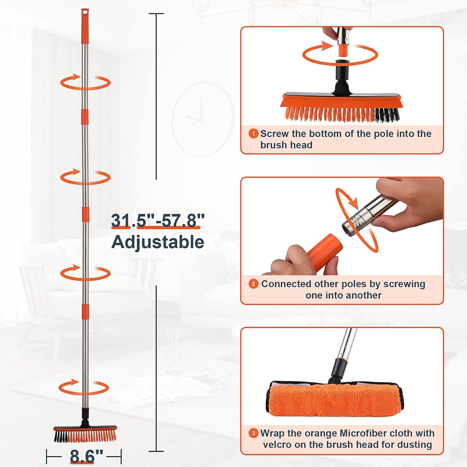 2-in-1 floor cleaning brush and tile grout brush, V-shaped corner brush (orange)