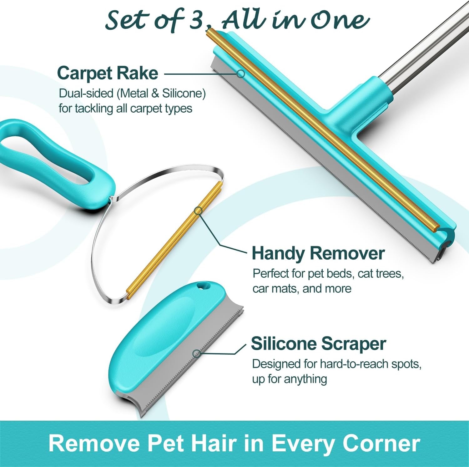 Carpet Rake for Pet Hair Removal, Dog Cat Fur Remover Rubber Broom,