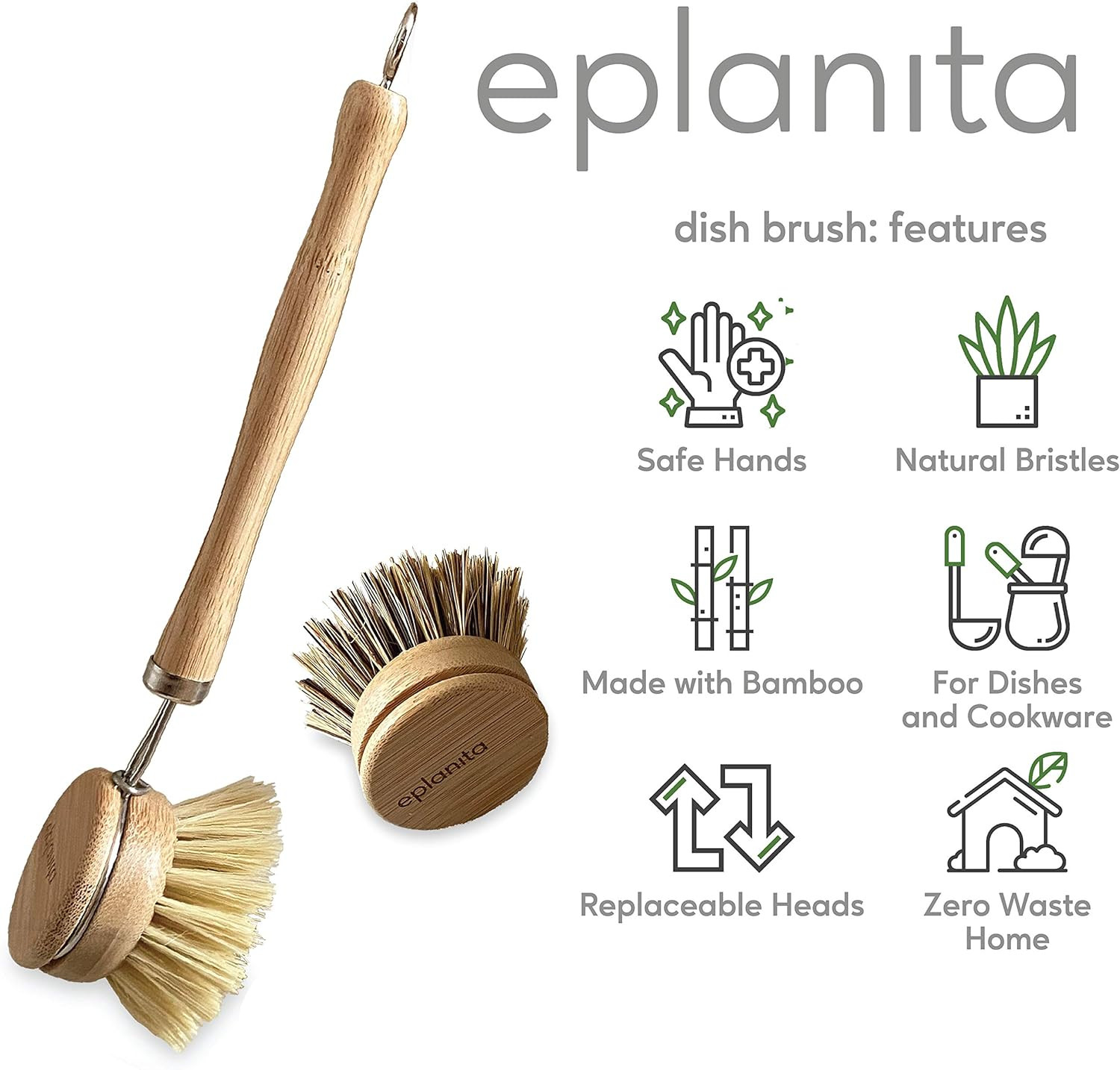Natural Dish Brush, 3 Replacement Heads, Kitchen Eco Bamboo Scrubber Brushes, Ex