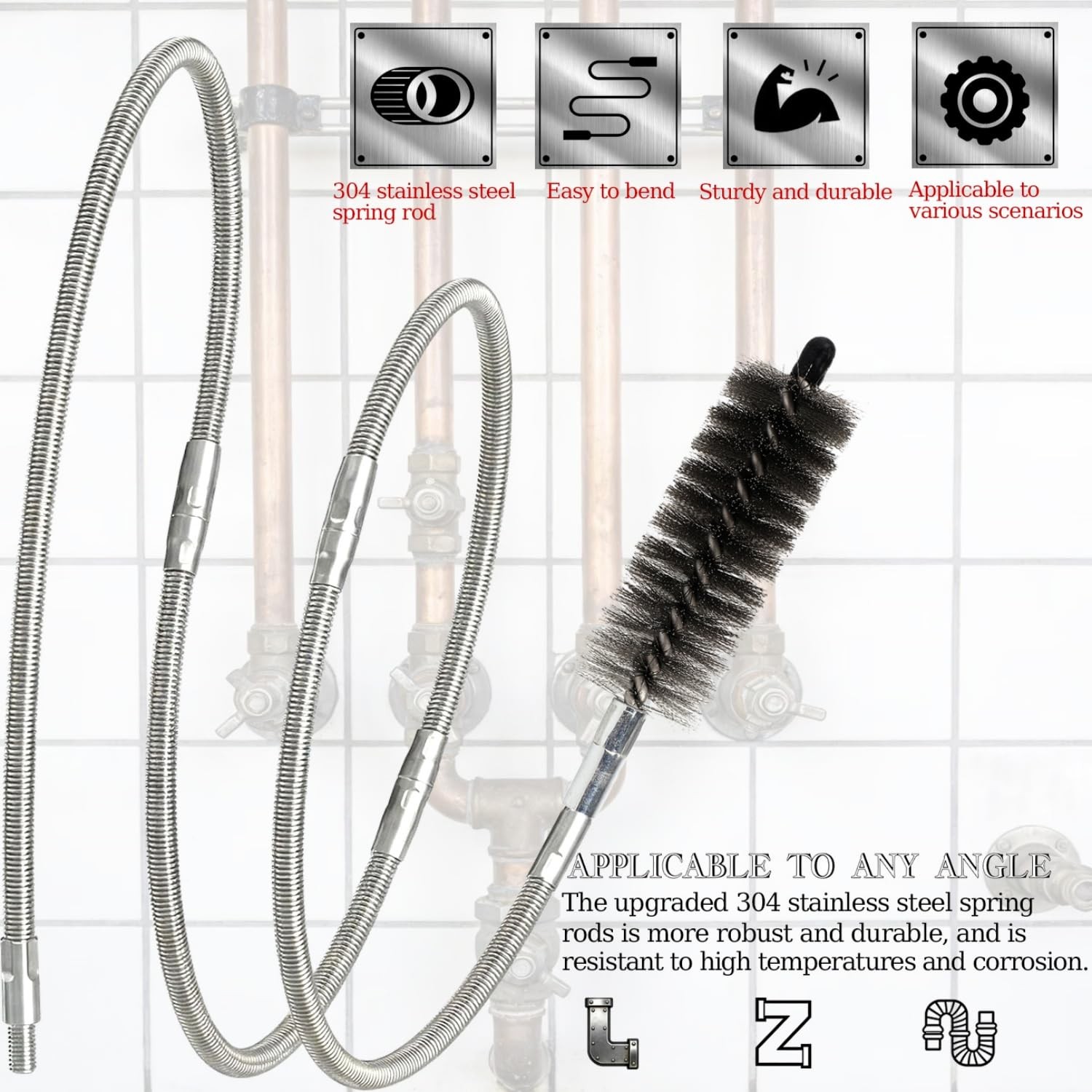 50 in Pipe Cleaning Brush Set with Stainless Steel Bristles, Wire Brush with …
