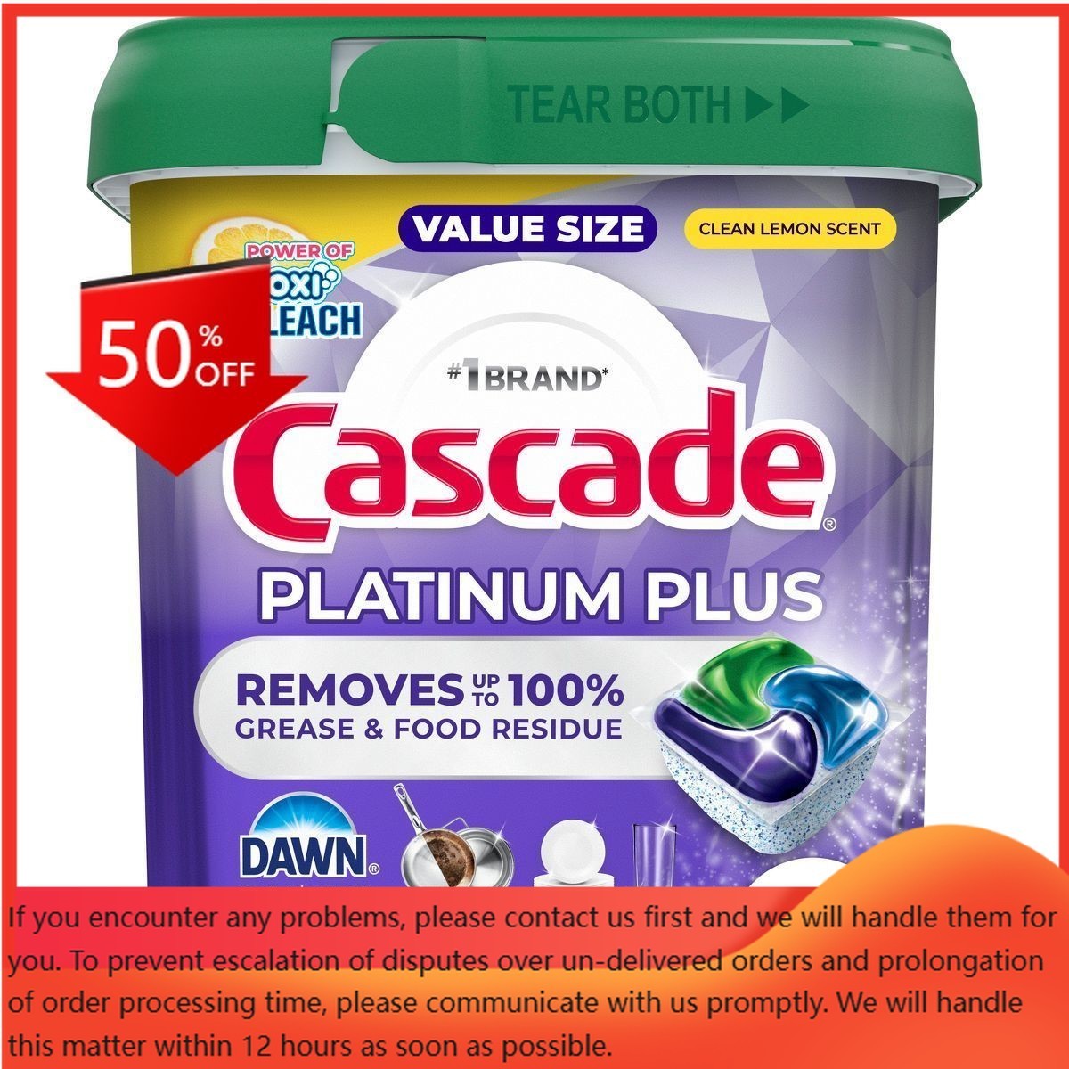 Cascade Lemon Platinum Plus Action Pacs Power of Bleach Clean – 62ct