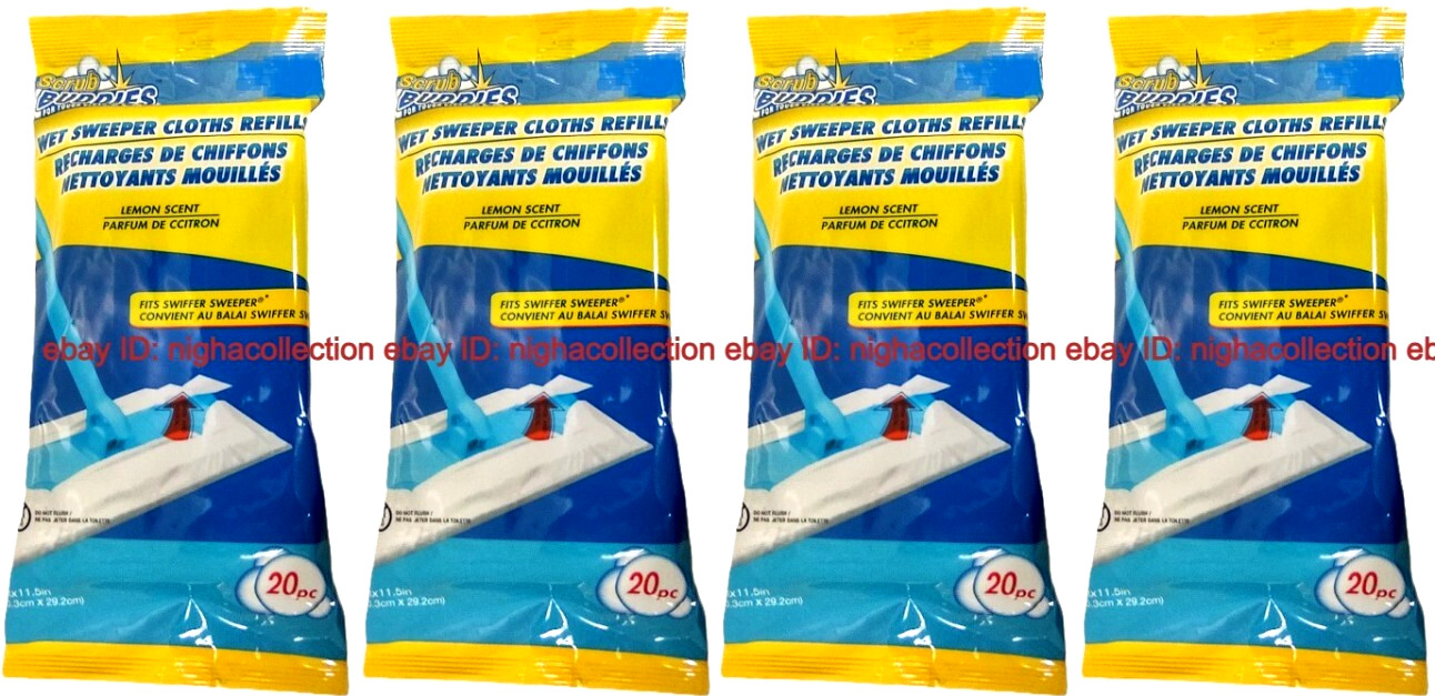 4 X 20-ct. Total Scrub Buddies Lemon Wet Sweeper Mopping Cloth Refills SEALED