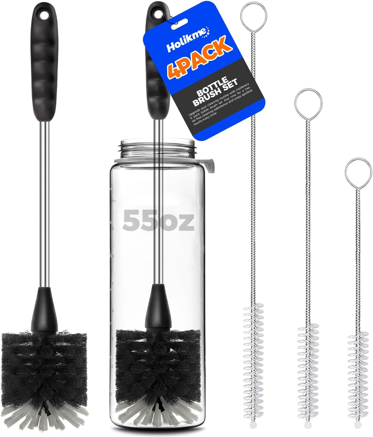 4 Pack Bottle Brush Set 14″ Stainless Handle + 3 Straw Brushes