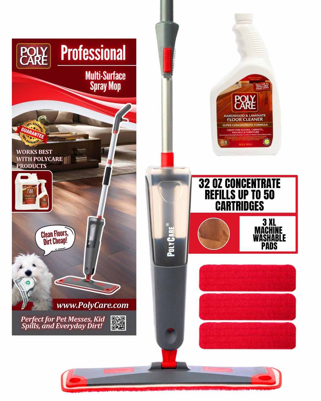 PolyCare Professional Spray Mop Kit – 3 XL Washable Pads + 32oz Concentrate