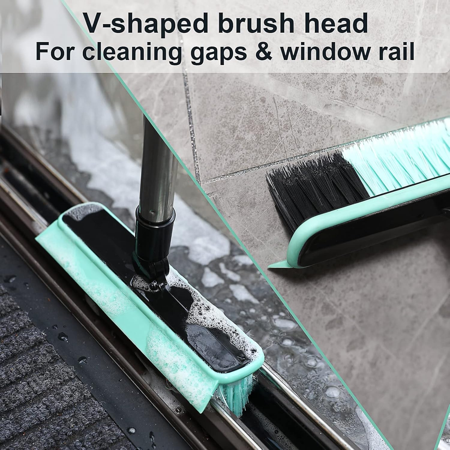 Grout Cleaner Brush with Long Handle, V-Shaped Floor Scrub Brush Swivel Grout Br