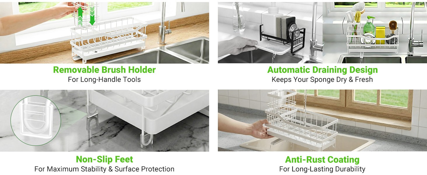 Sponge Holder for Kitchen Sink, Rustproof Sink Caddy Organizer with Dish Brush