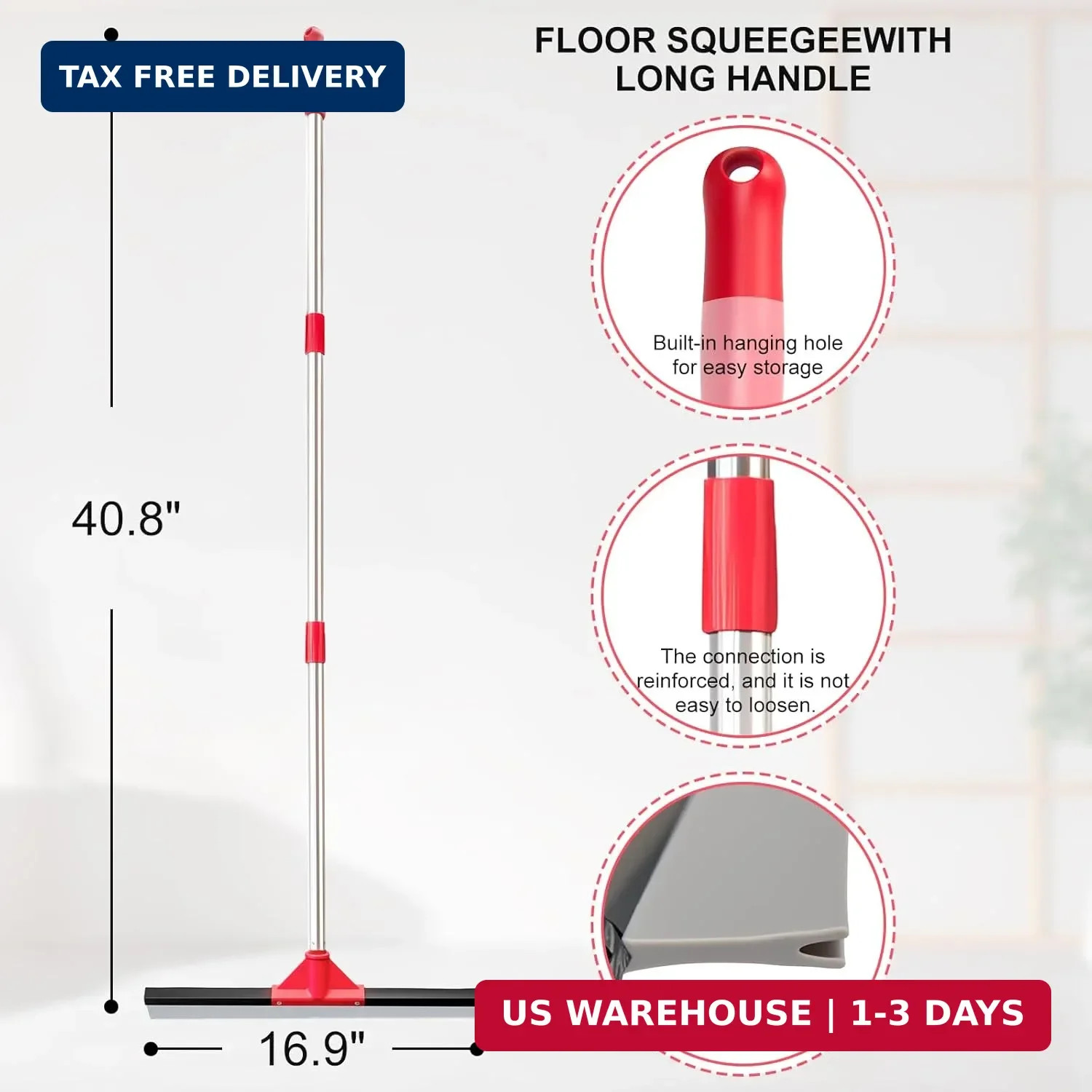 17″ Heavy Duty Floor Squeegee with 40.8 Inch Long Handle, Suitable for Bathroom