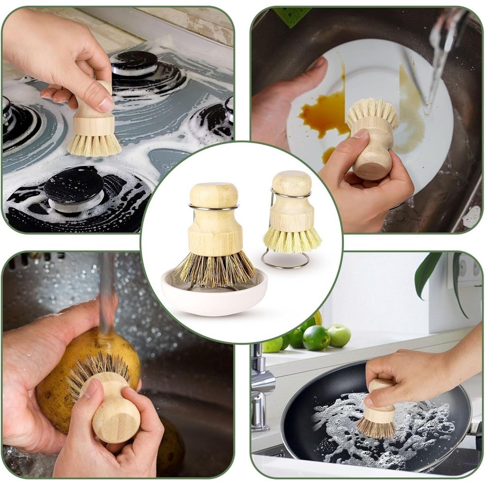 Natural Bamboo Dish Brush Set with Holder Fast Dry Kitchen Scrub Brush for