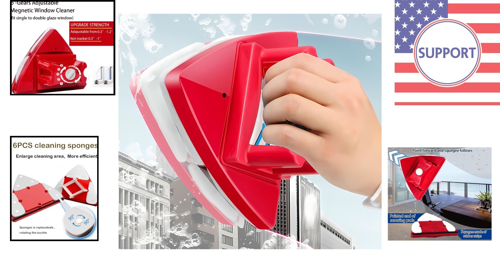 Magnetic Double-Sided Glass Cleaner with Scouring Pads – Red Modern Design