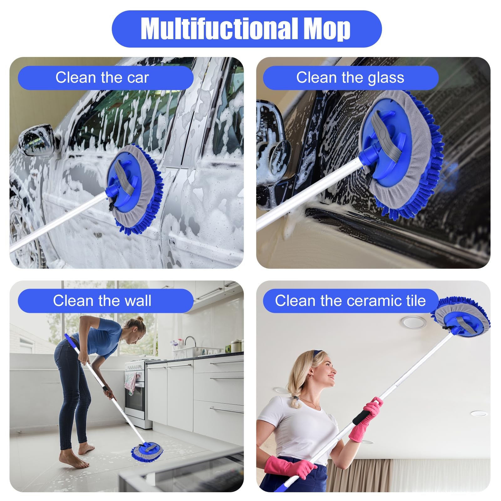 Car Wash Brush Kit – 62″ Long Handle Microfiber Cleaning Brush for Car RV Truck