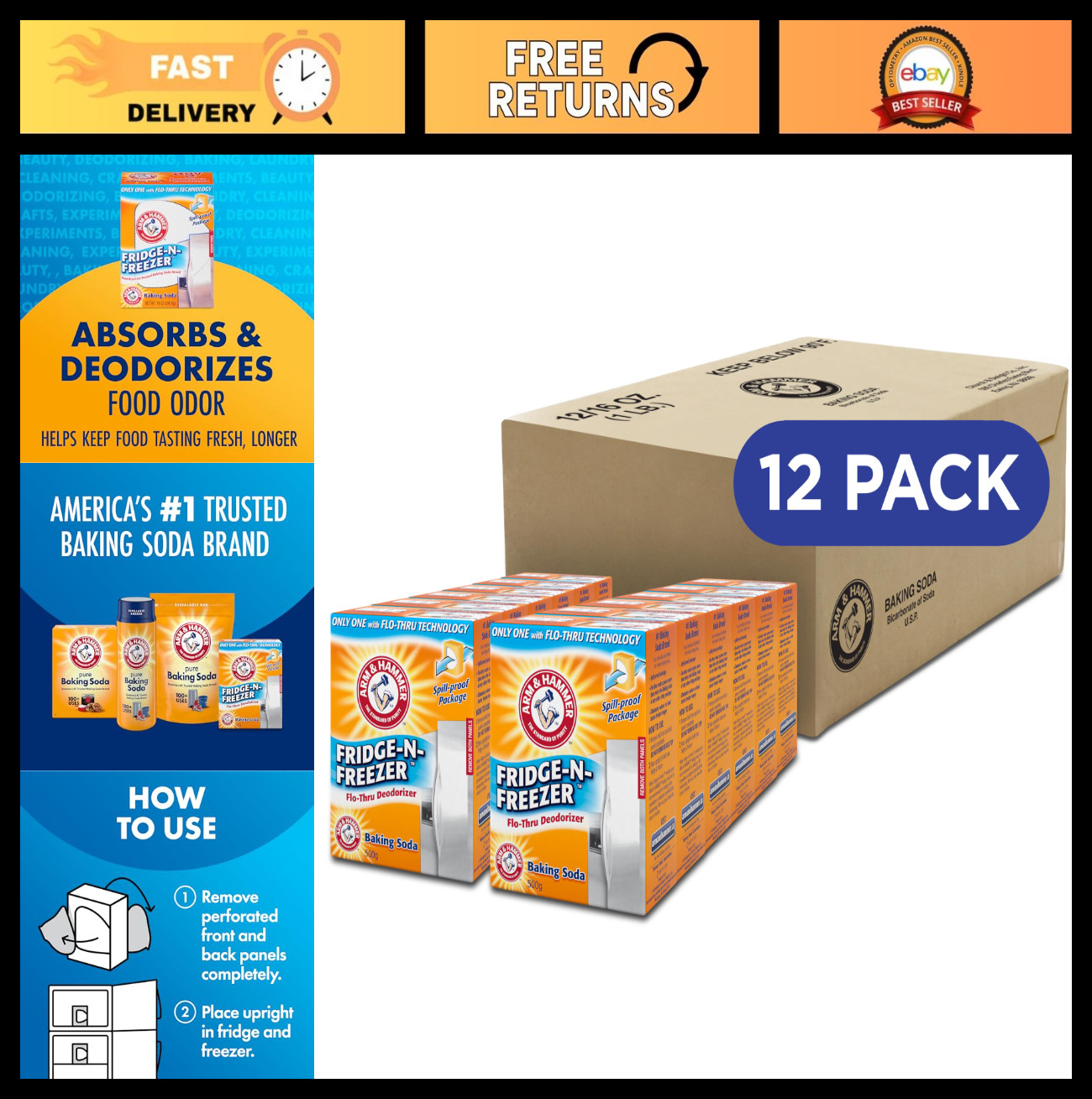 Baking Soda Odor Absorber for Fridge & Freezer, Fresh Orange Scent, 14 oz, 12 Pa