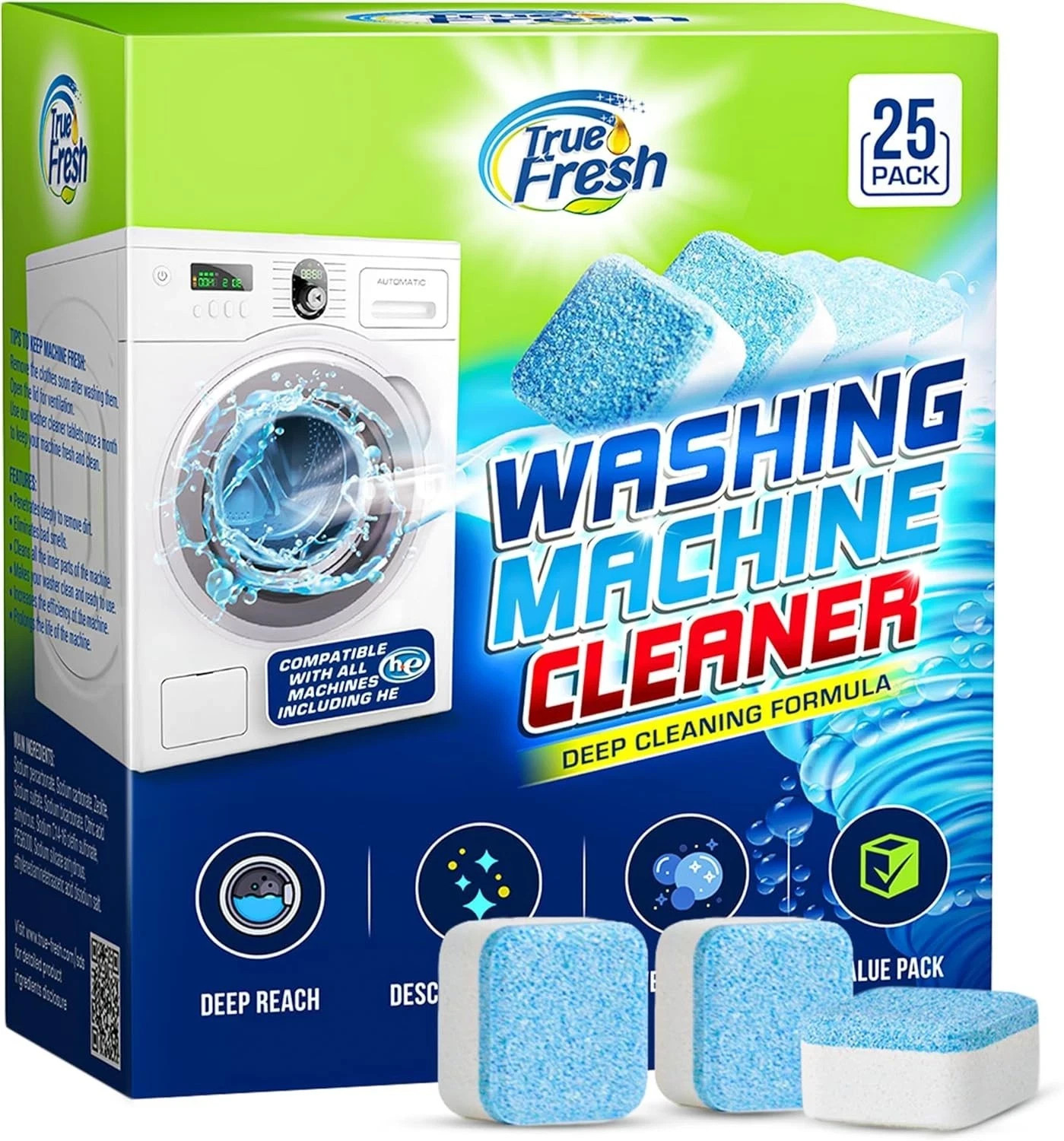True Fresh Washing Machine Cleaner Tablets 25 Pack for Front Load, Top Load & HE