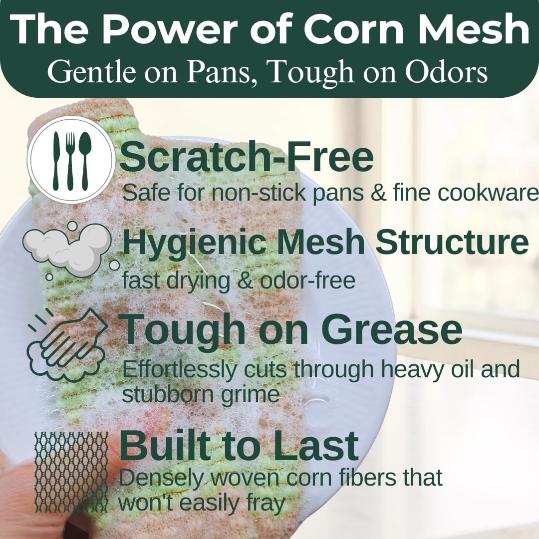 Plant-Based Dish Scrubber [10 Pack] – Non-Scratch Corn Scourer, Odor-Kitchen