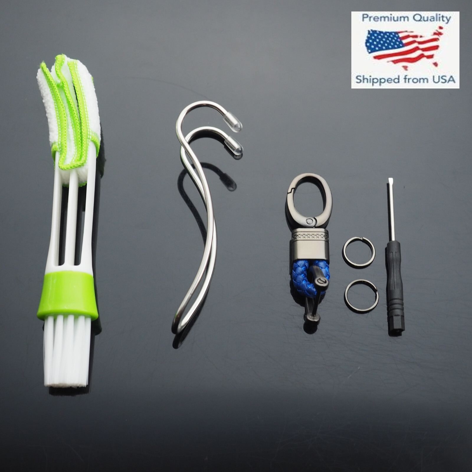 3pc Car Seat Hook Hanger – Vent Blinds Brush – Blue Woven Leather Key Fob Holder