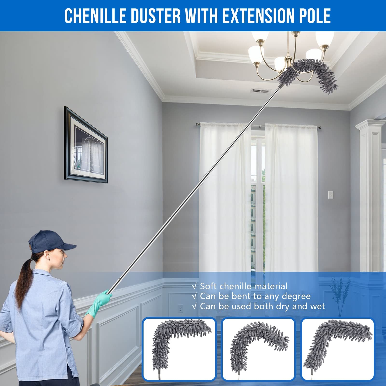 Microfiber Feather Duster Kit 5 Pcs 30–100″ Bendable Washable Extendable Heads