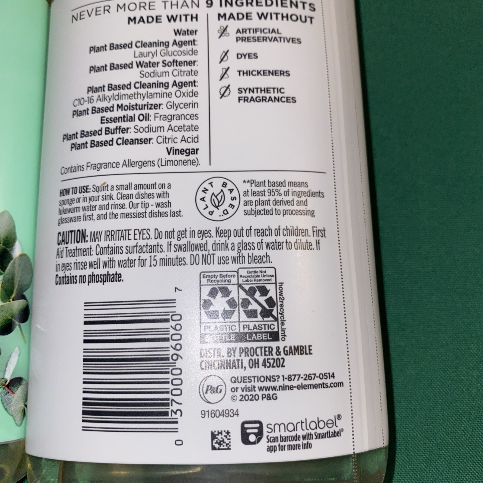 6 Bottles 9 Elements Liquid Dish Soap Vinegar Powered, Eucalyptus Scent 16 fl oz
