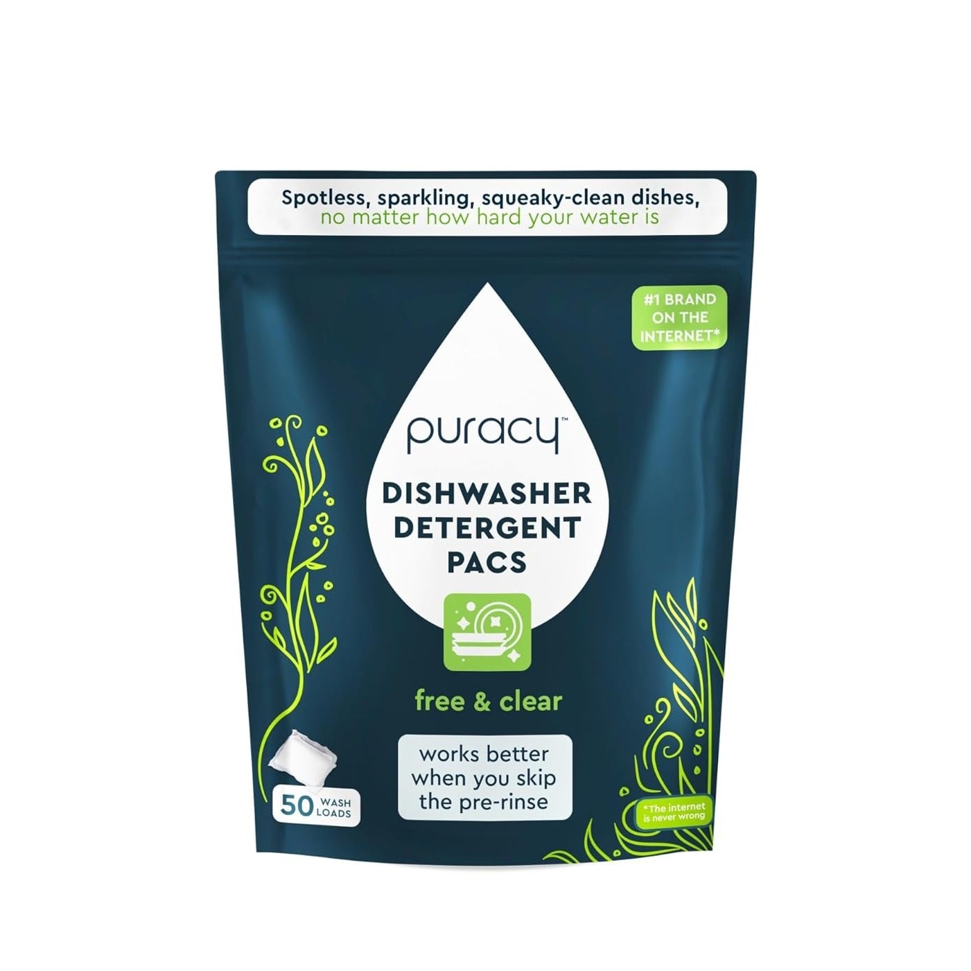 Puracy Dishwasher Pacs 50 Count,Natural Dishwasher Detergent, Free and Clear-NEW